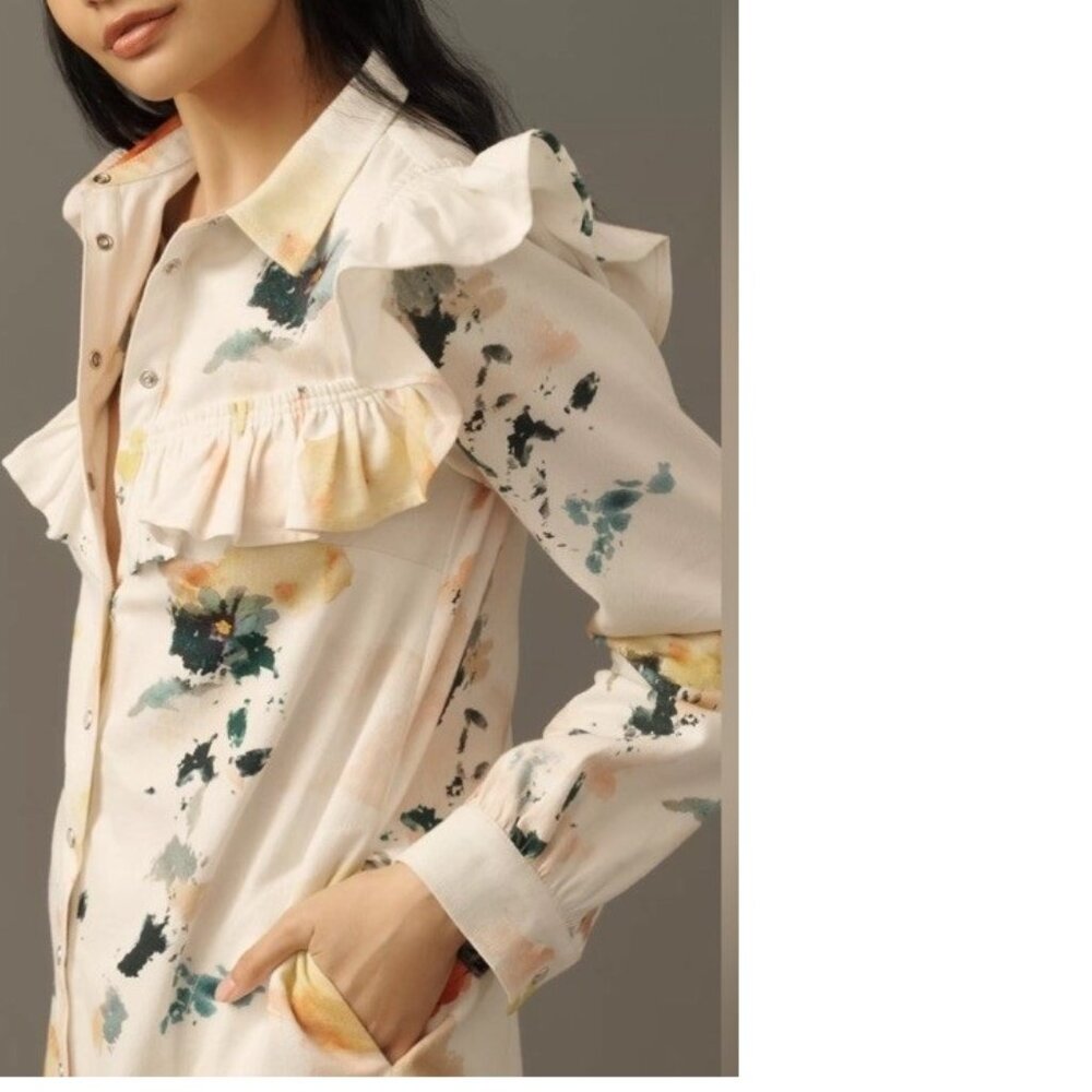 By Anthropologie Pilcro Long-Sleeve Ruffled Denim Mini Shirt Dress size M new - Picture 3 of 9